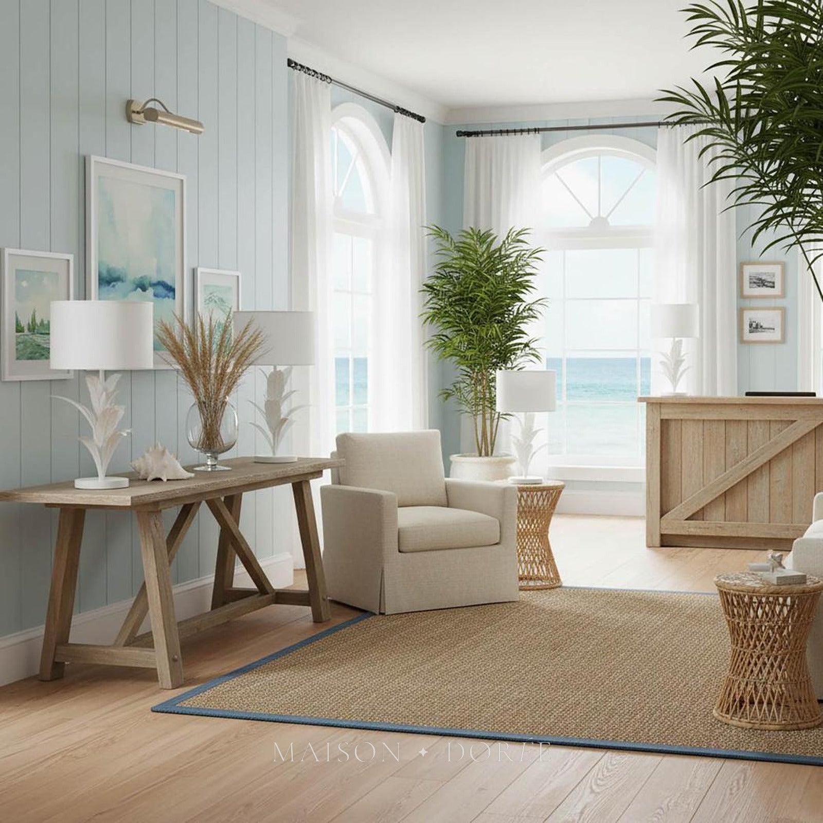 Palm table lamp in white styled in a coastal living room