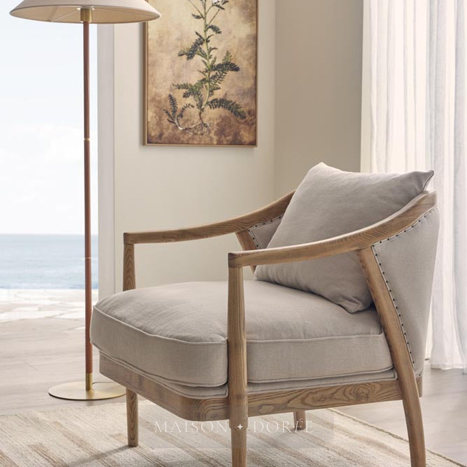 Huntley Leather & Brass Floor Lamp & Linen Shade