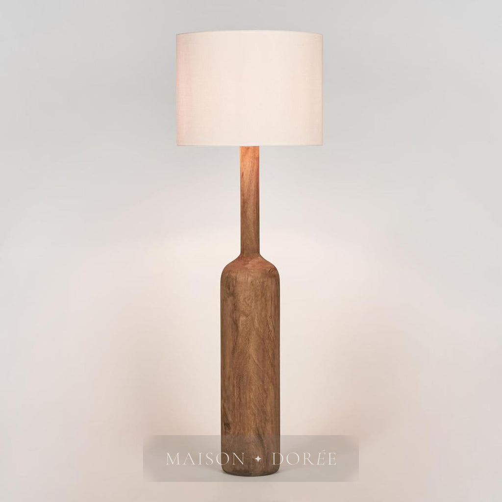 Flask Wood Floor Lamp Saddle Base with White Shade — White