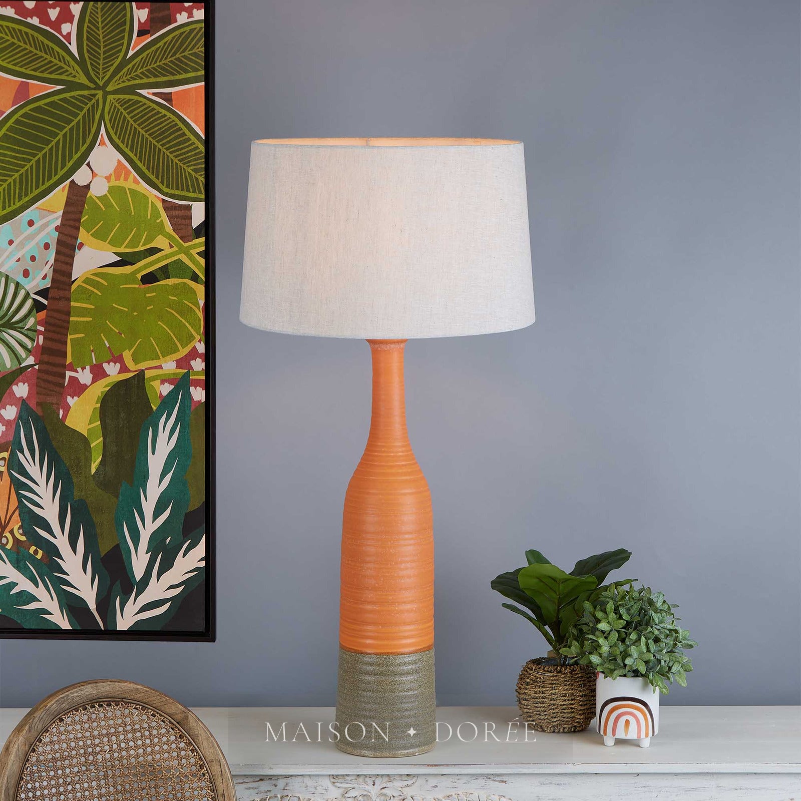 Potters Large - Orange/Brown - Tall Thin Glazed Ceramic Table Lamp
