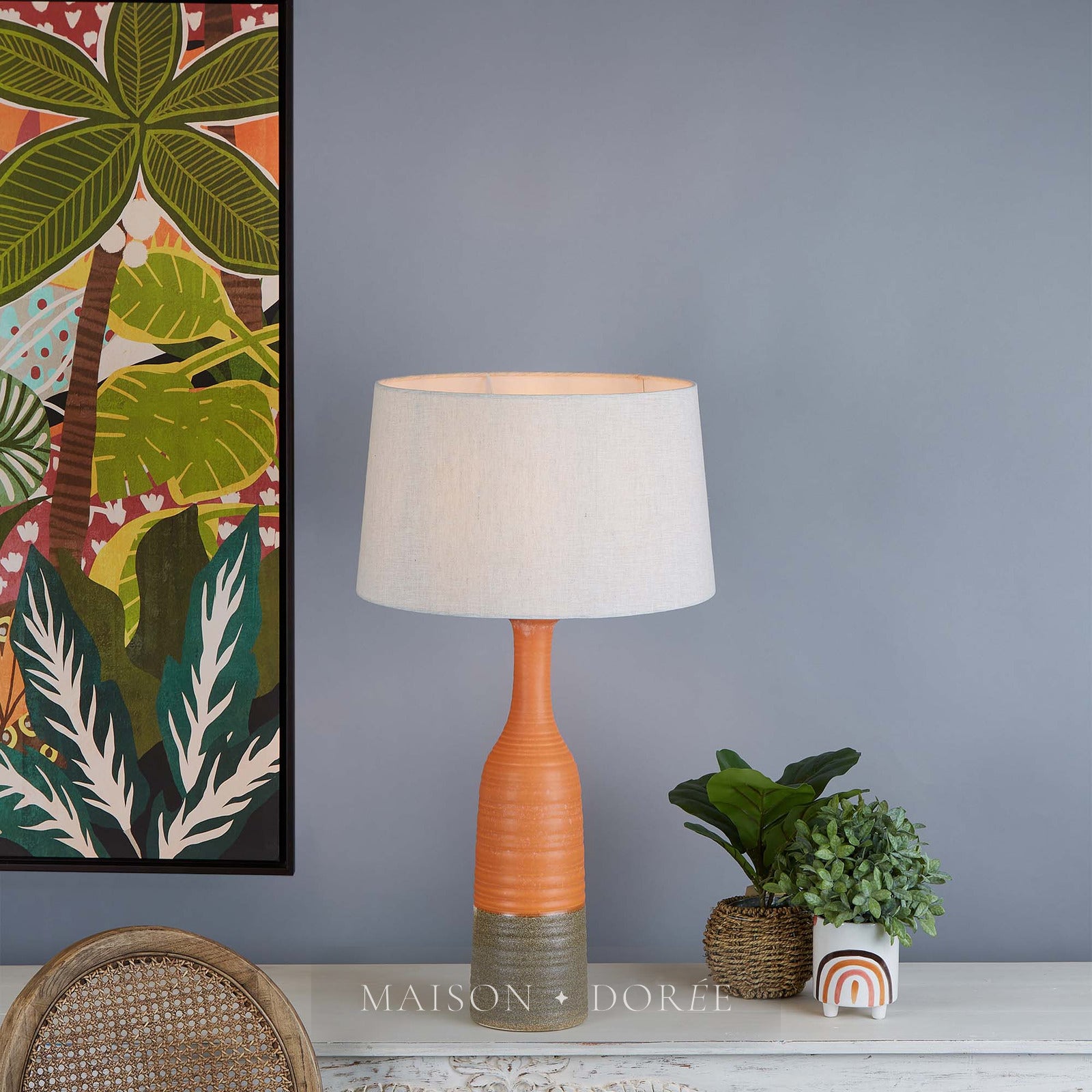 Potters Small - Orange/Brown - Tall Thin Glazed Ceramic Table Lamp