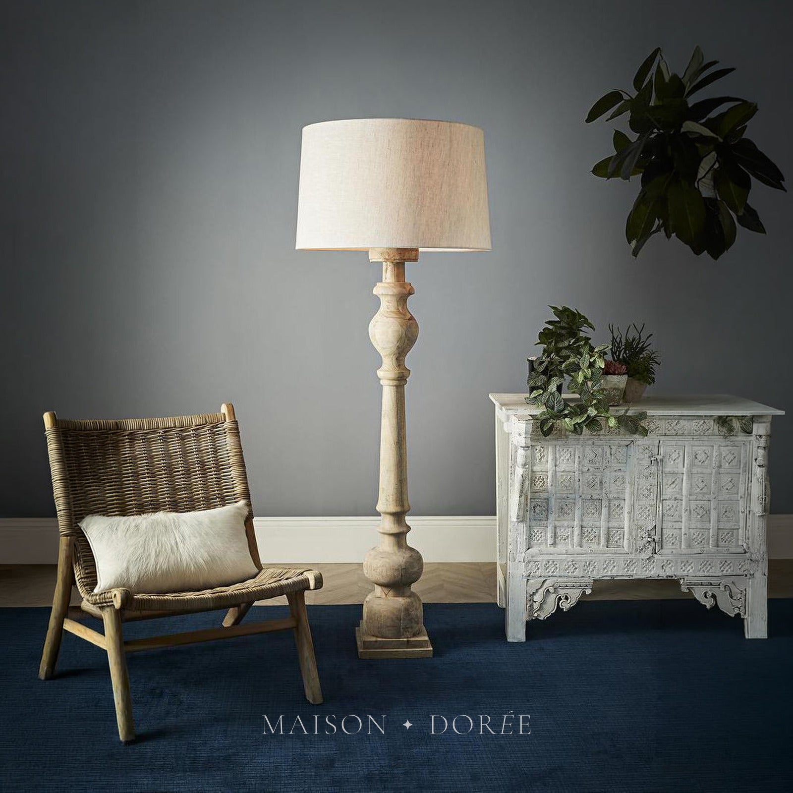 Rook Large - Natural - Turned Wood Pillar Floor Lamp