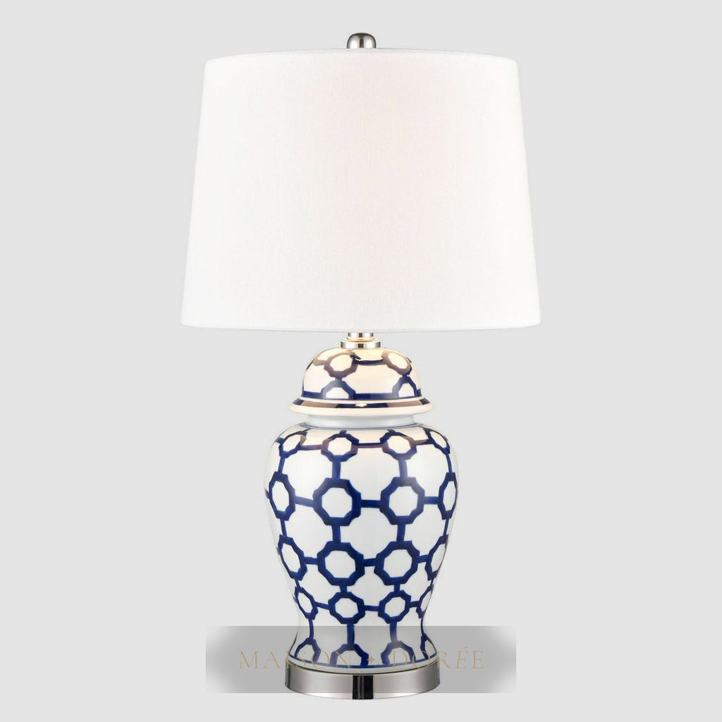 Lucca Small Blue & White Jar Shaped Lamp W/ Shade