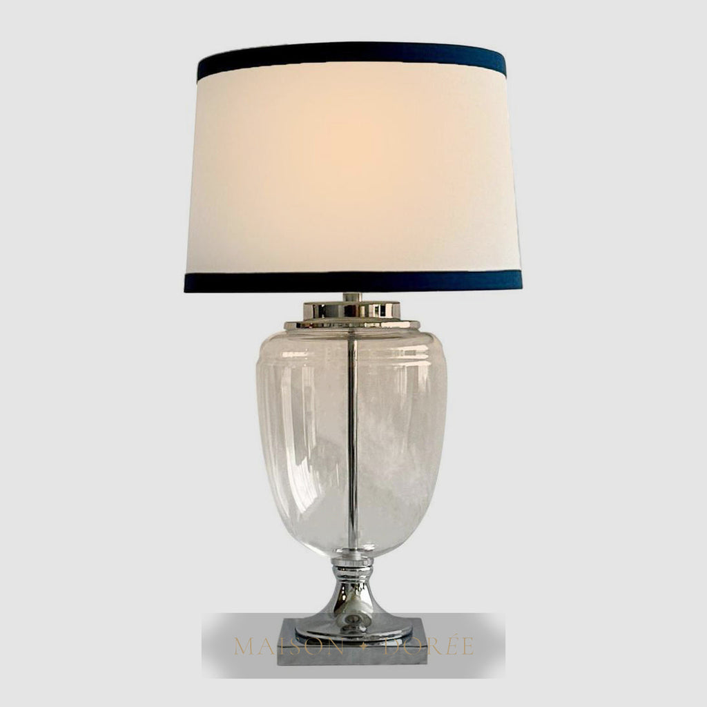 Charlotte Glass and Nickel Lamp with White Linen Shade (Navy Trim)
