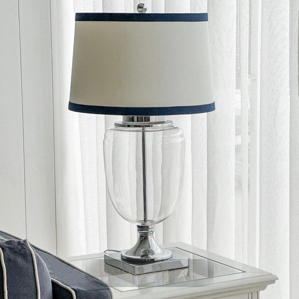 Charlotte Glass and Nickel Lamp with White Linen Shade (Navy Trim)