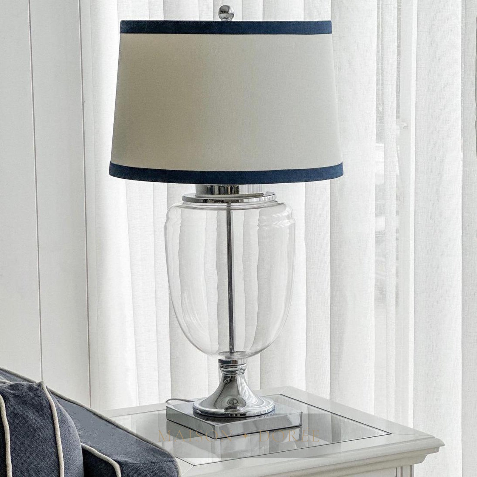 Charlotte Glass and Nickel Lamp with White Linen Shade (Navy Trim)