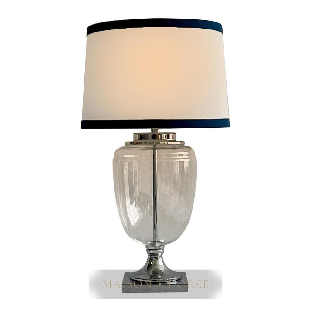 Charlotte Glass and Nickel Lamp with White Linen Shade (Navy Trim)