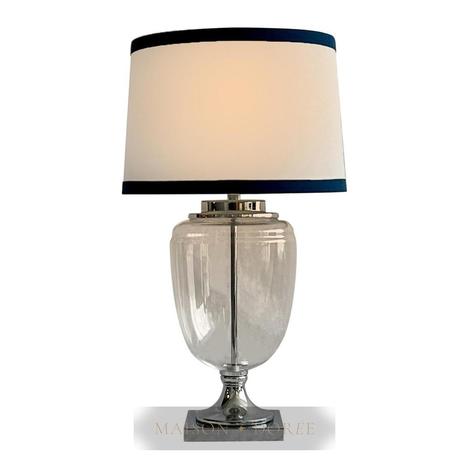 Charlotte Glass and Nickel Lamp with White Linen Shade (Navy Trim)
