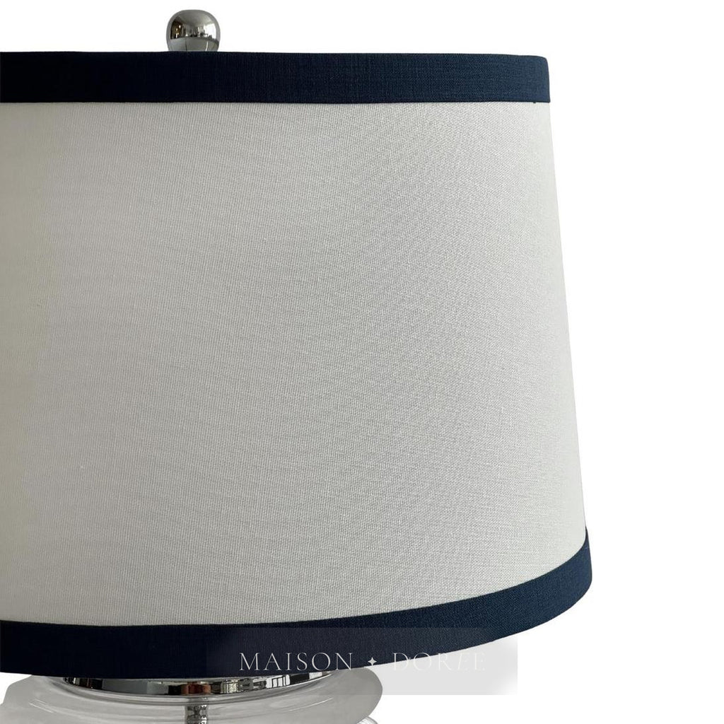 Charlotte Glass and Nickel Lamp with White Linen Shade (Navy Trim)