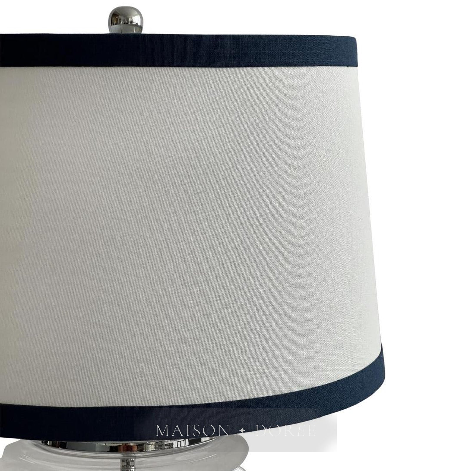 Charlotte Glass and Nickel Lamp with White Linen Shade (Navy Trim)