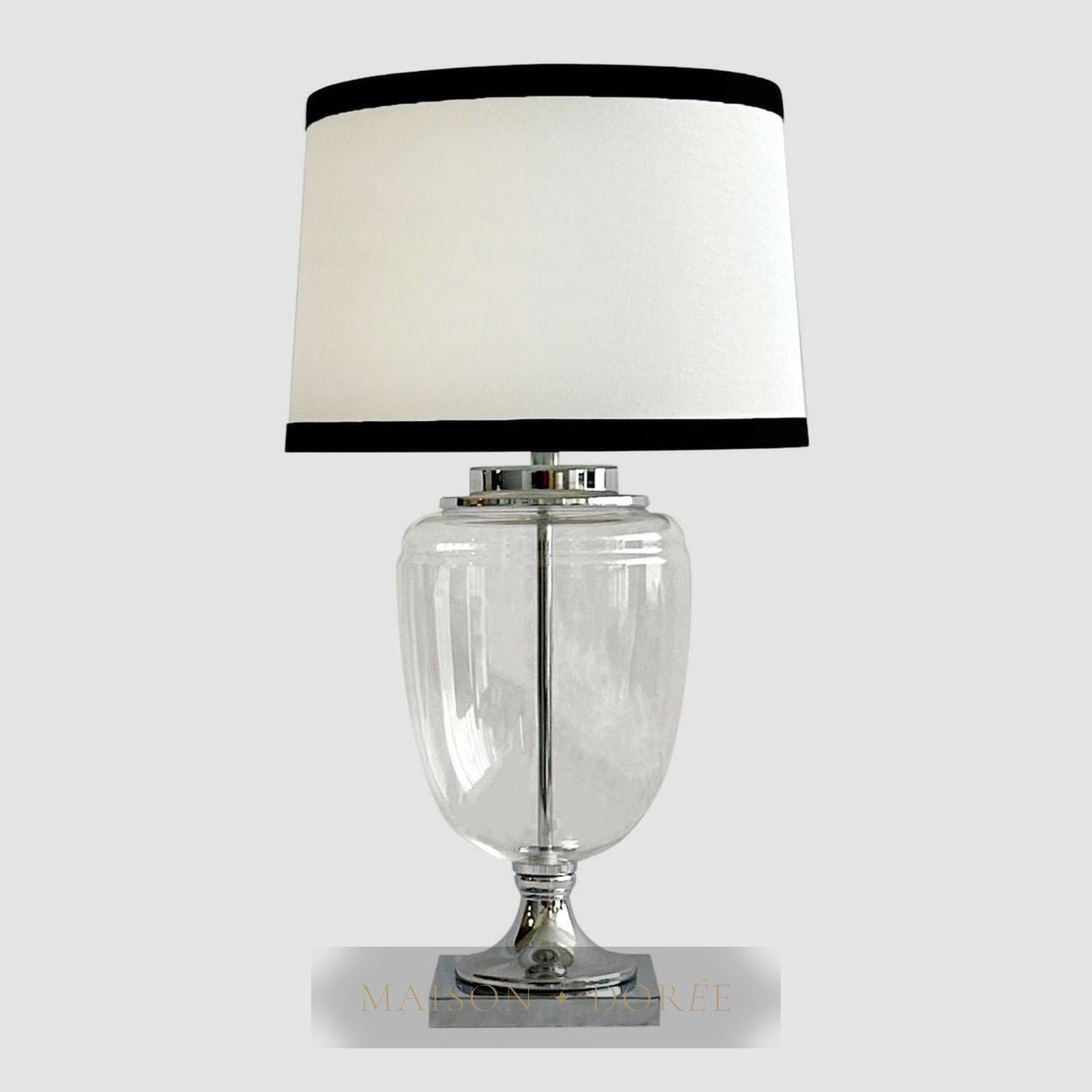 Charlotte Glass and Nickel Lamp with White Linen Shade (Black Trim)