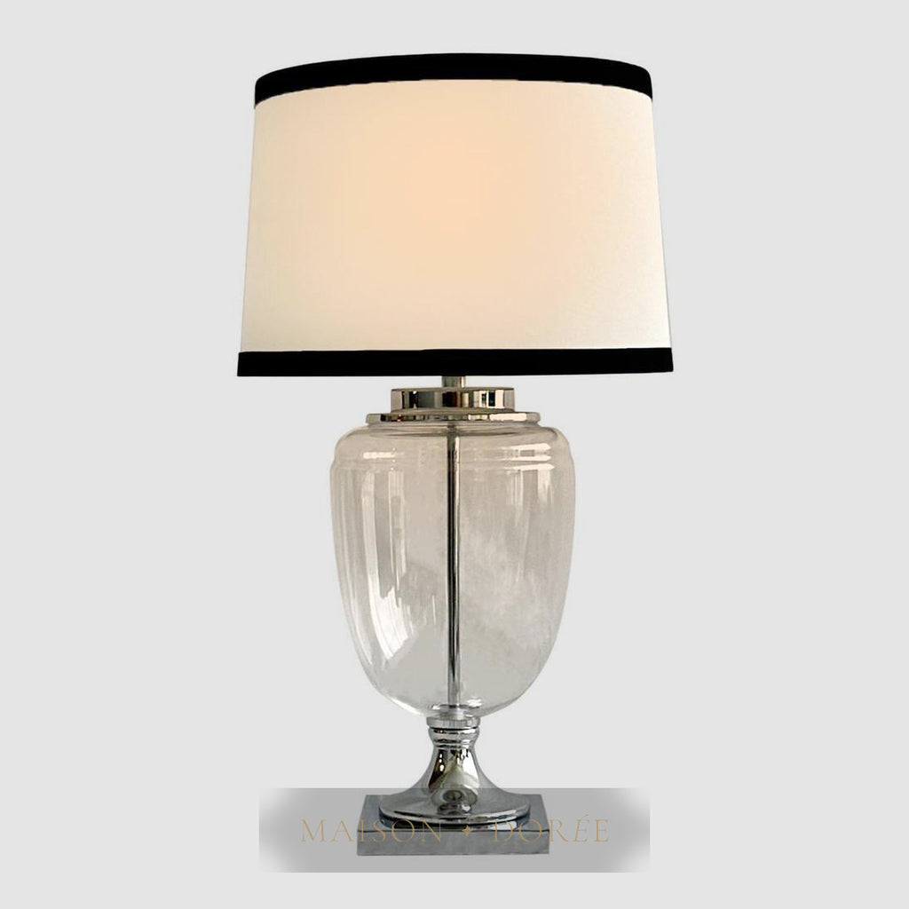 Charlotte Glass and Nickel Lamp with White Linen Shade (Black Trim)
