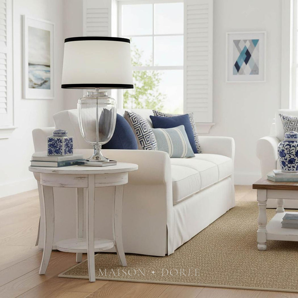 Charlotte Glass and Nickel Lamp with White Linen Shade (Black Trim)