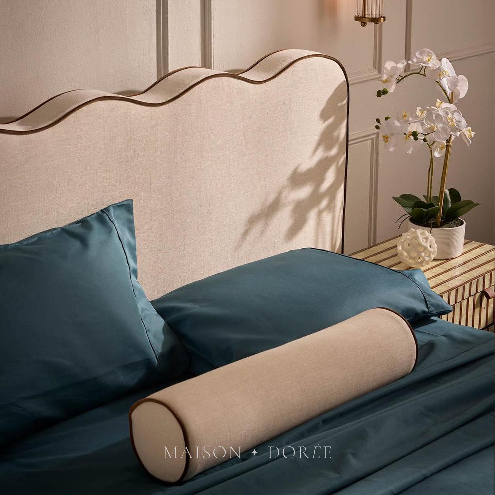 Avoca Bolster Cushion Ivory with Chocolate Piping - view 6