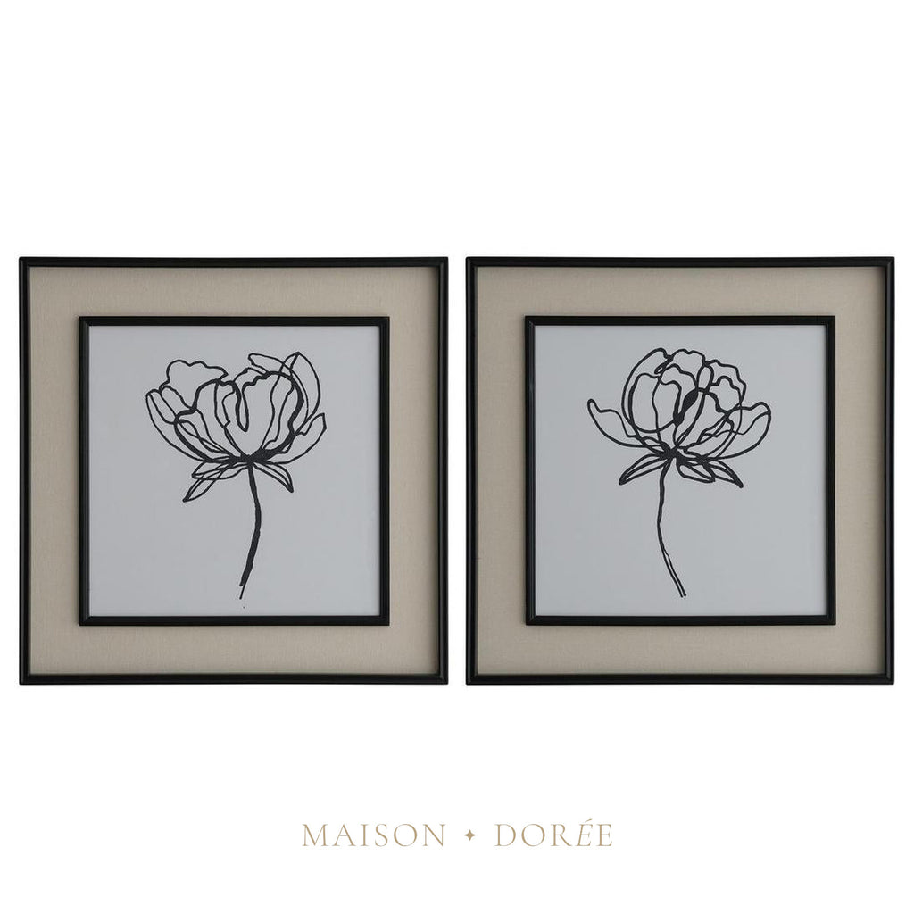 Sketched Flowers In Black Frame With Linen Insert Set 2