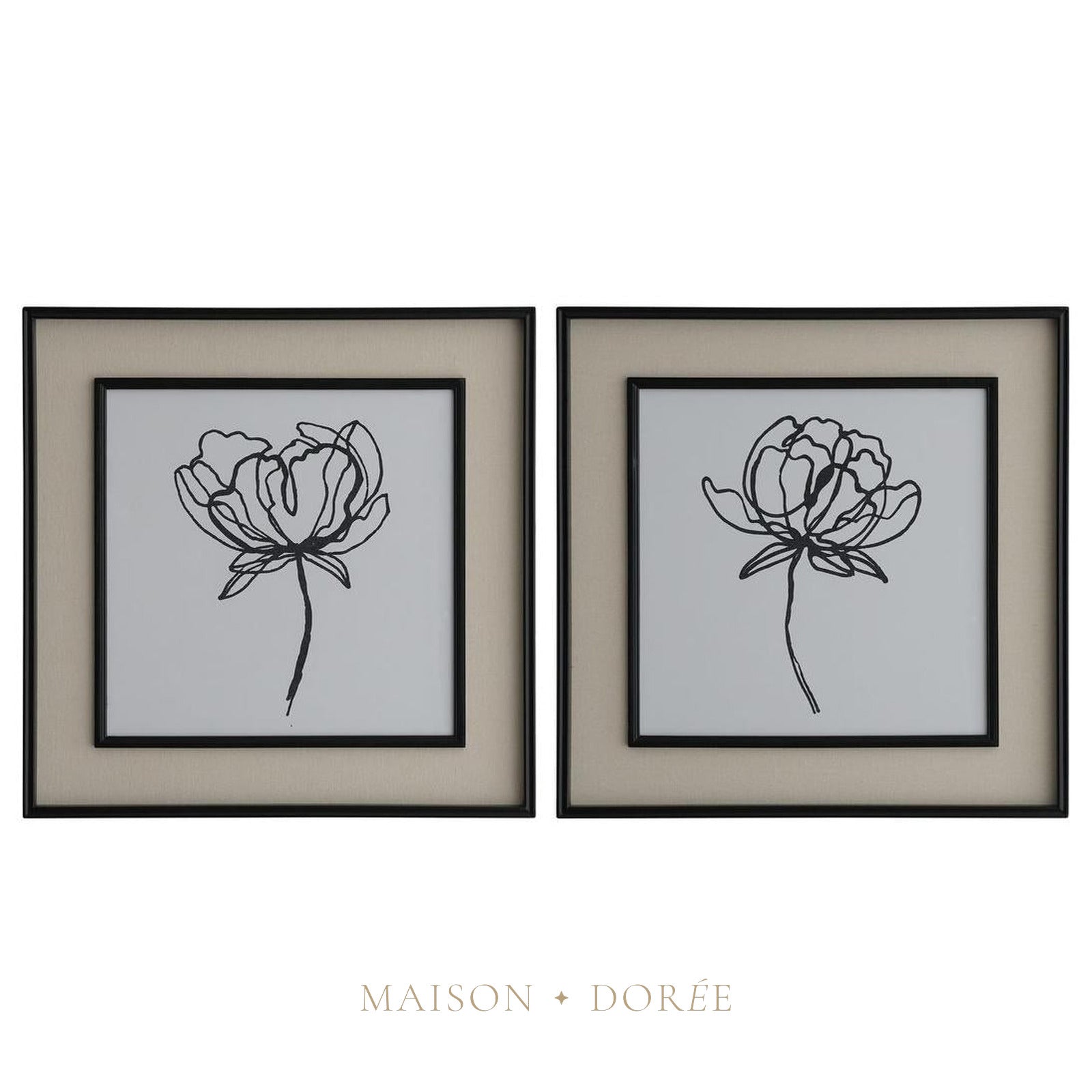 Sketched Flowers In Black Frame With Linen Insert Set 2