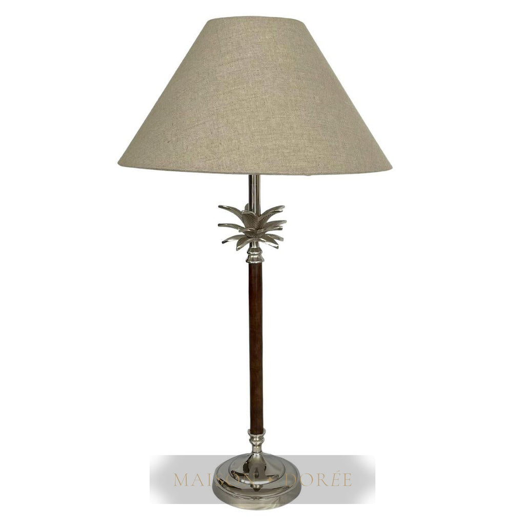 Nickel/Wood Palm Lamp W/Nat Linen Shade