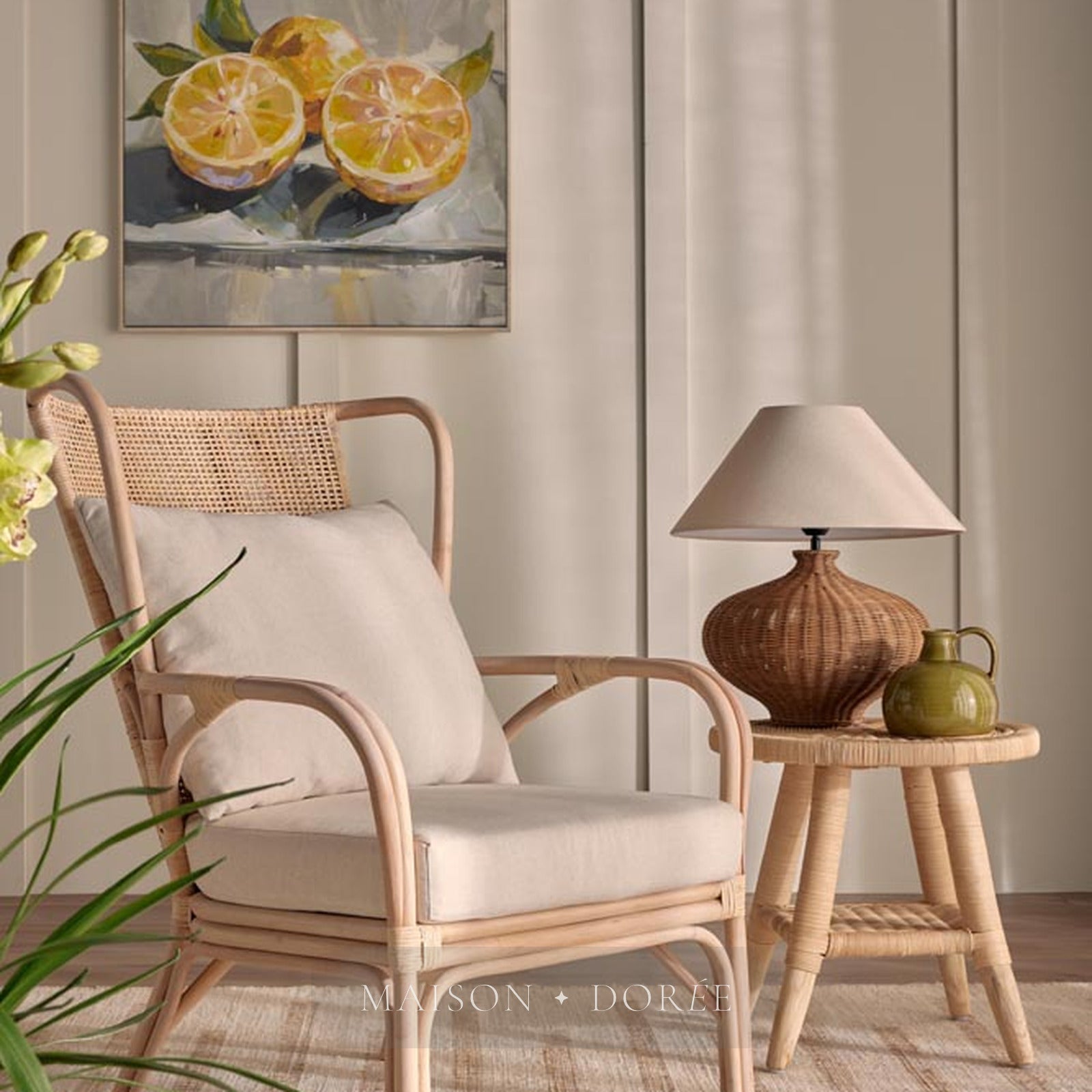 Dallas Rattan Table Lamp with linen shade